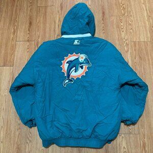 Vintage 90s Miami Dolphins Starter NFL Puffer Jacket w/‎ Removable Hood